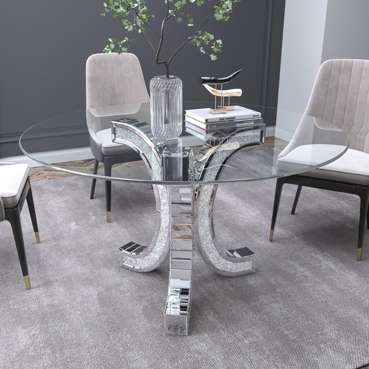 Douty 52 Mirror Glass Pedestal Dining Table with Tempered Glass Tabletop